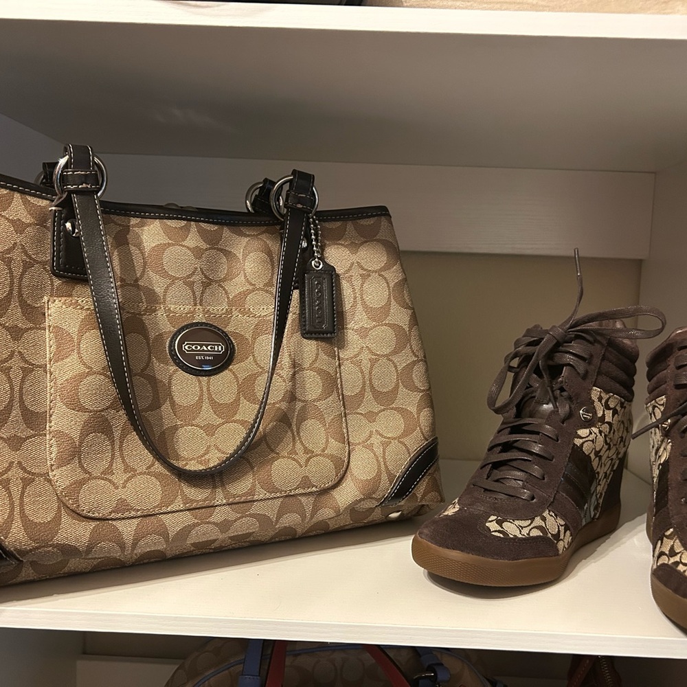 NWOT- Vintage Coach Beige and Brown Signature Purse and Wedges- Size 8 Women’s